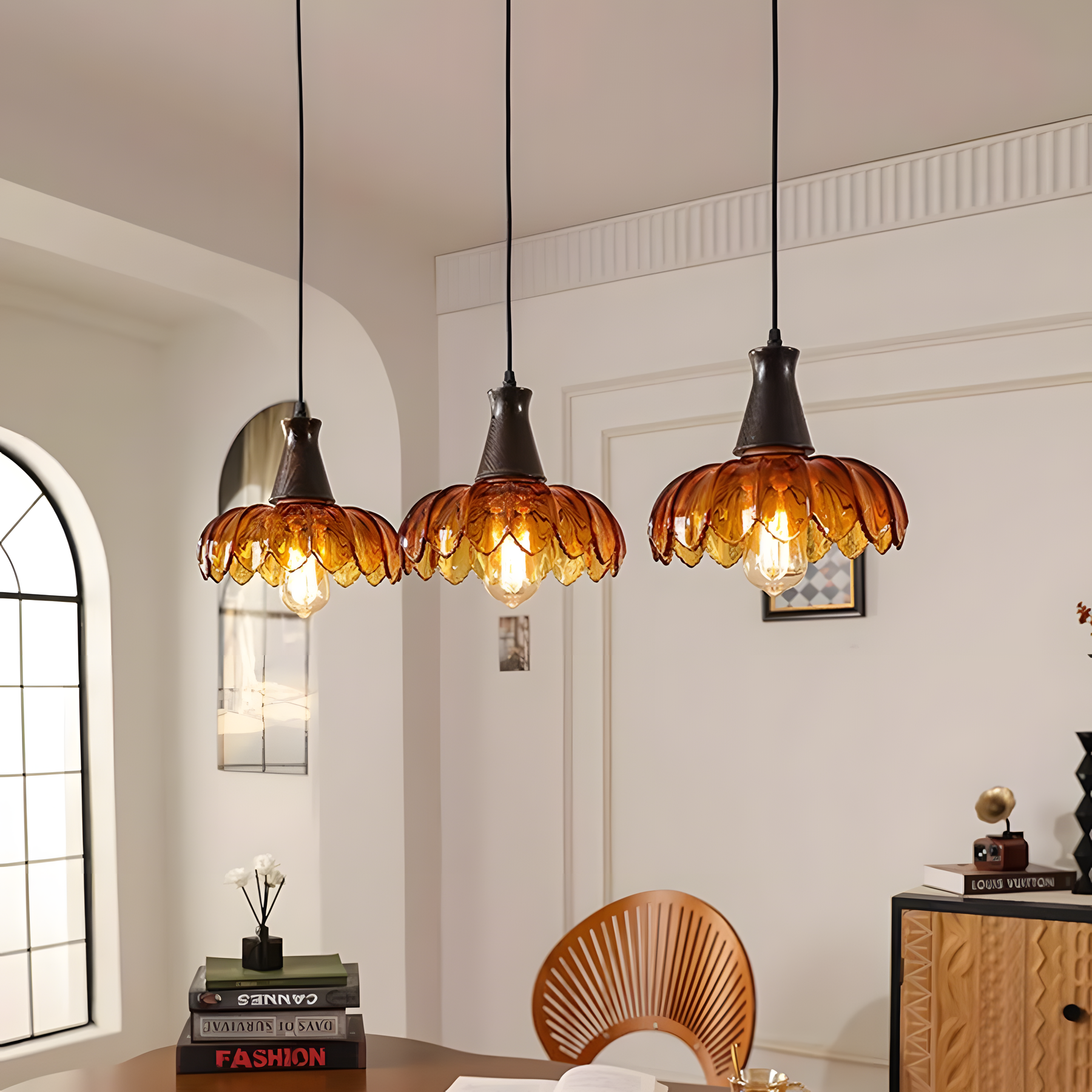 Retro Amber Blossom Glass Pendant Light