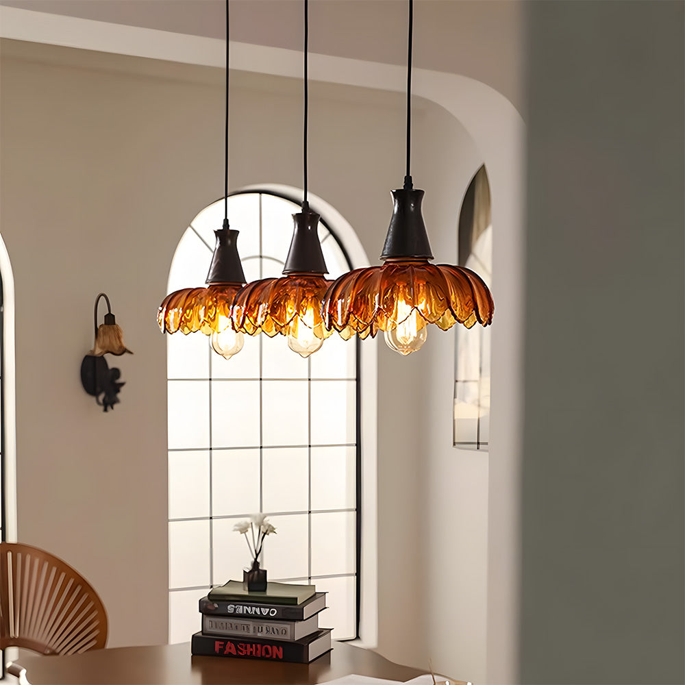 Retro Amber Blossom Glass Pendant Light