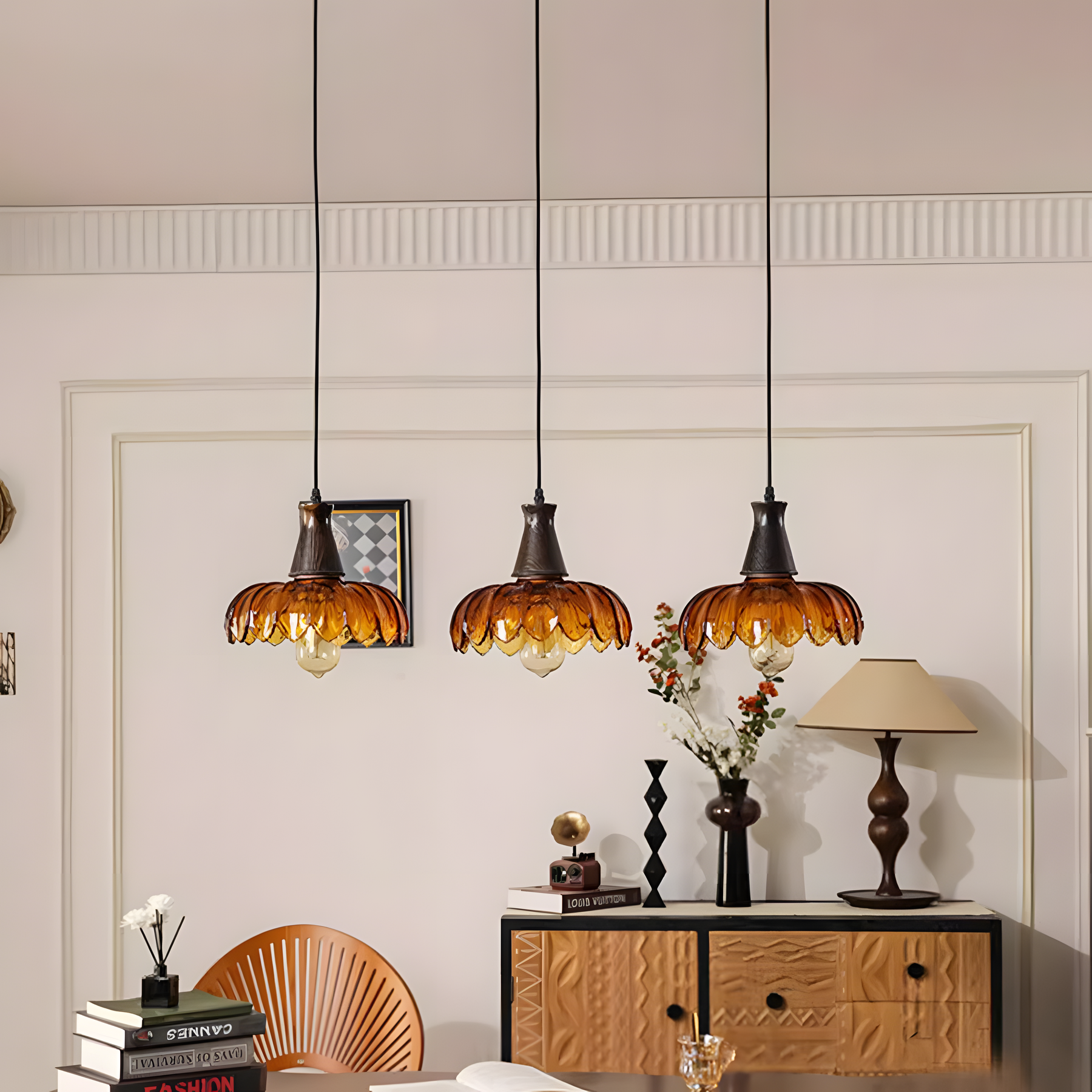 Retro Amber Blossom Glass Pendant Light