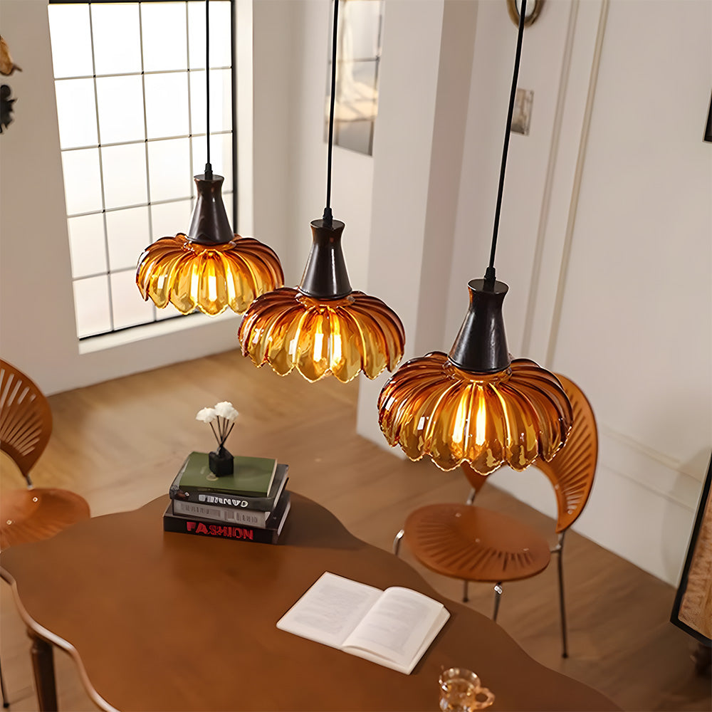 Retro Amber Blossom Glass Pendant Light