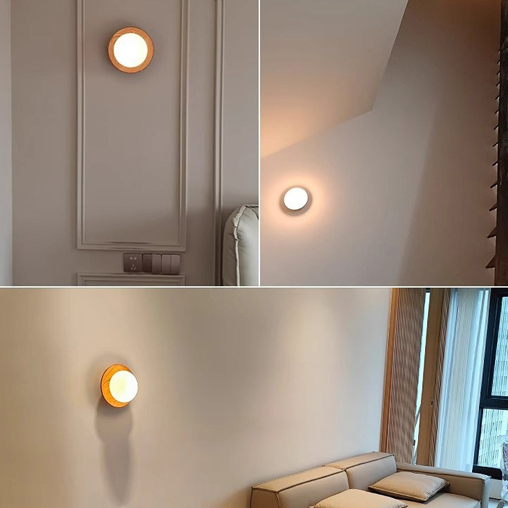 Natural Wood Minimalist Round Wall Light