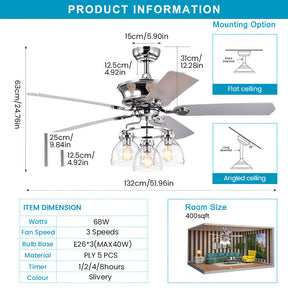 Minimalist 3 Head Ceiling Fan With Light And Remote -Lampsmodern