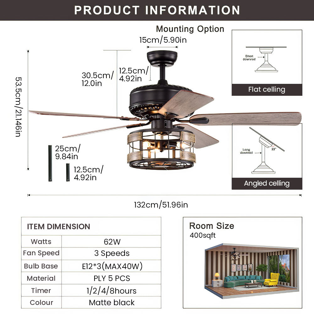 Retro Metal Bedroom Ceiling Fan With Light And Remote -Lampsmodern