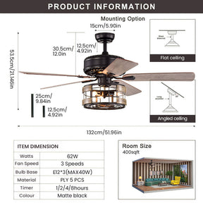 Retro Metal Bedroom Ceiling Fan With Light And Remote -Lampsmodern