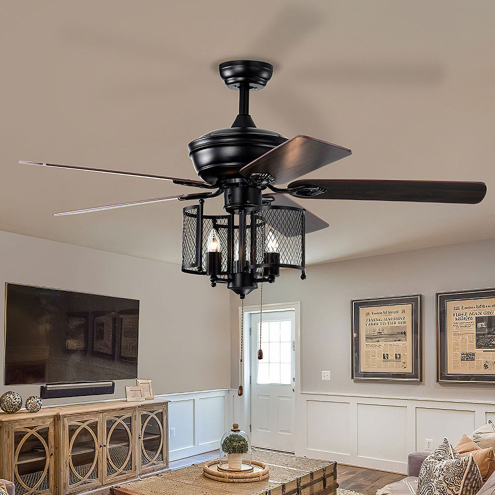 Industrial Iron Mesh Ceiling Fan With Light And Remote -Lampsmodern