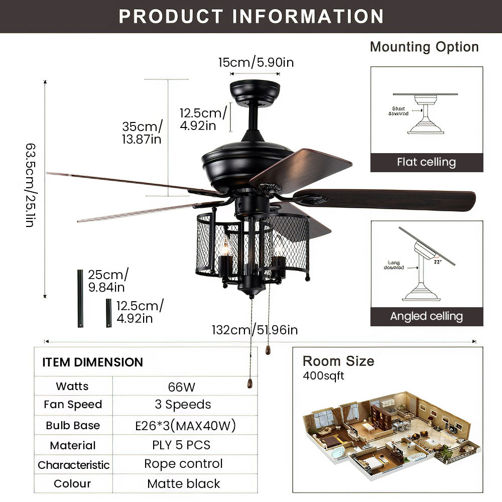 Industrial Iron Mesh Ceiling Fan With Light And Remote -Lampsmodern