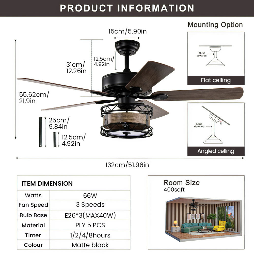 Modern Metal Black Ceiling Fan With Light And Remote -Lampsmodern