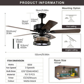 Modern Metal Black Ceiling Fan With Light And Remote -Lampsmodern