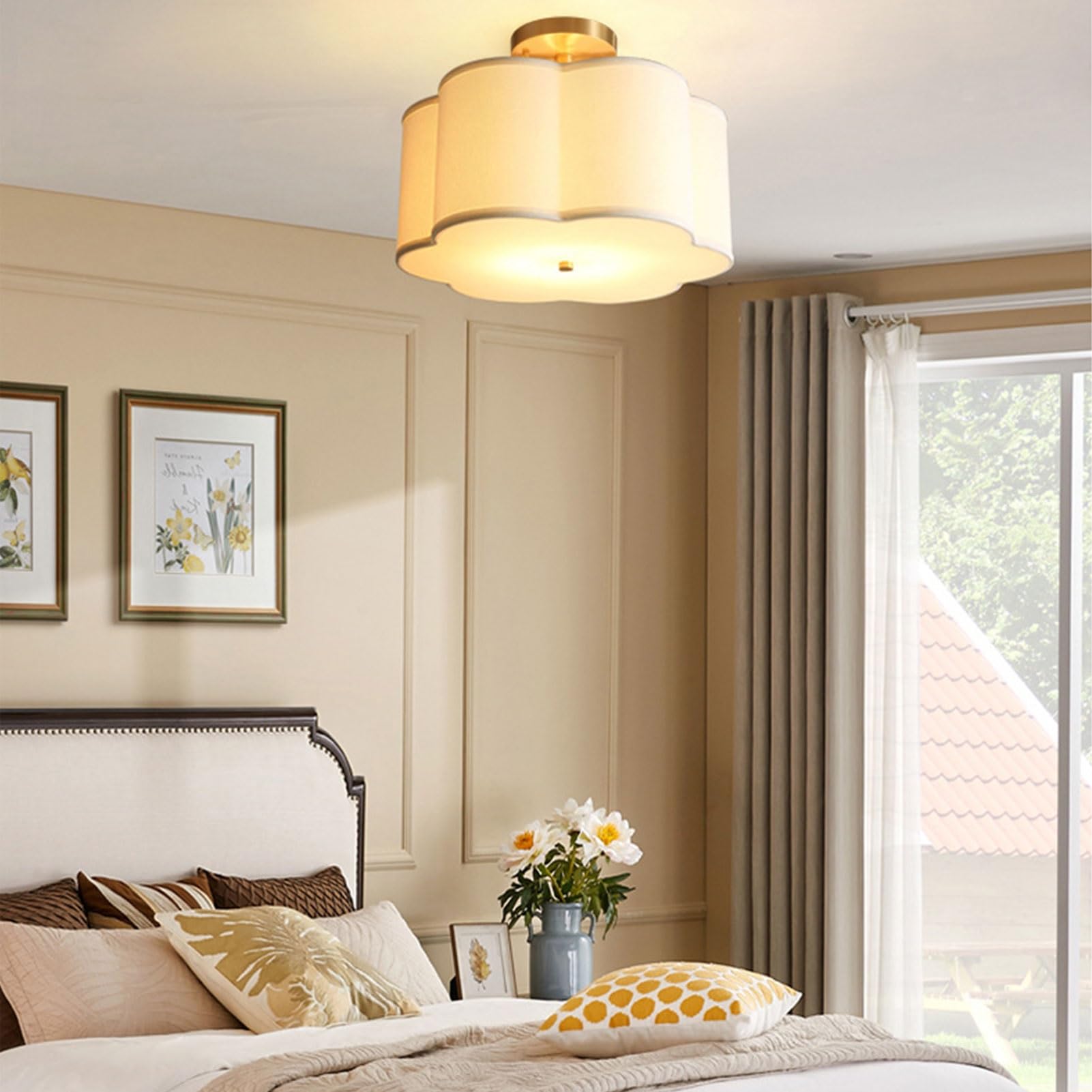 Simple White Flower Semi Flush Ceiling Light For Bedroom