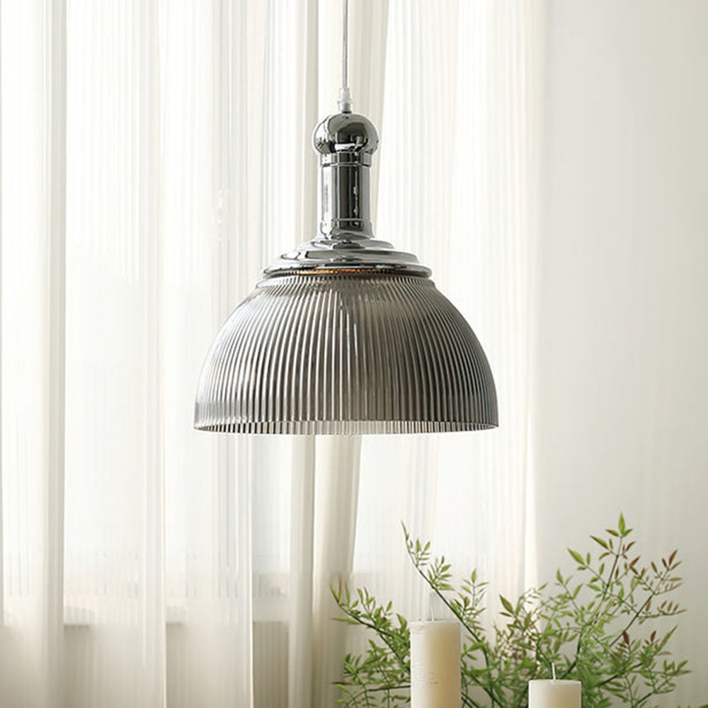 Vintage Glass Ribbed Chrome Pendant Light