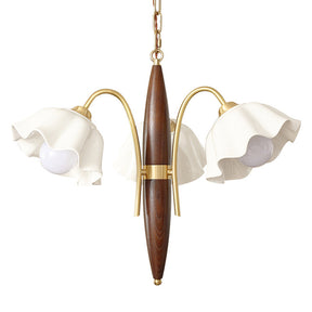Vintage Ceramic Flower Shape Hanging Light Walnut Brass Chandelier